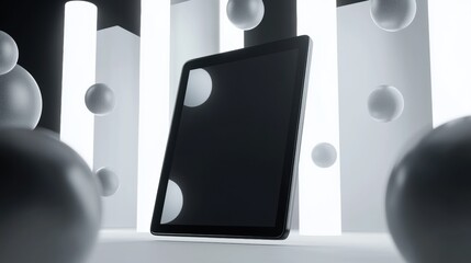 Black tablet computer sitting on a white surface. the tablet is in the center of the image and is facing towards the right side.