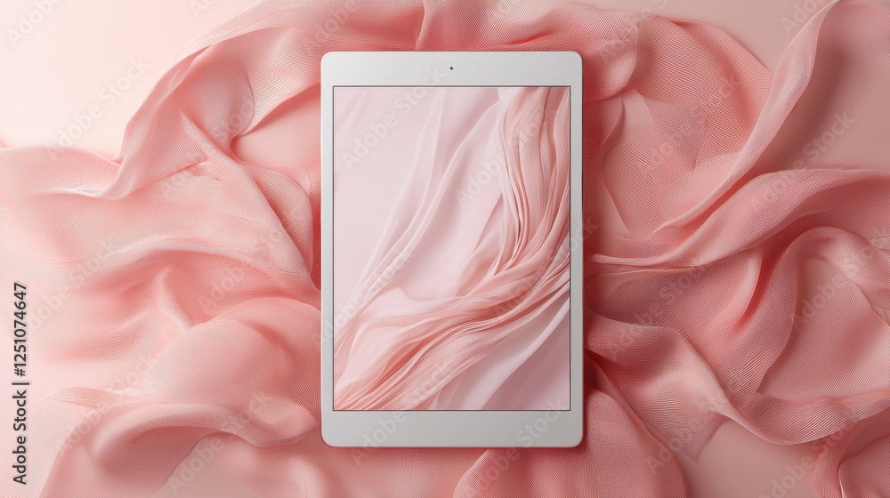 Aufkleber white tablet with a blank screen lying on a pink background. the tablet is placed in the center of t