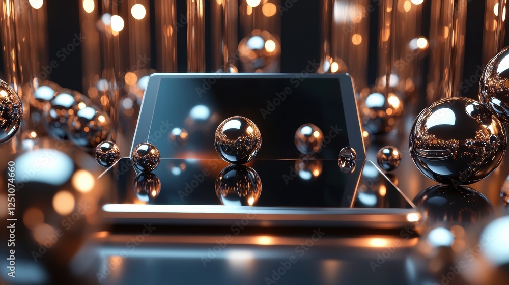 Poster tablet computer lying on its side on a reflective surface. the tablet is black and appears to be in 