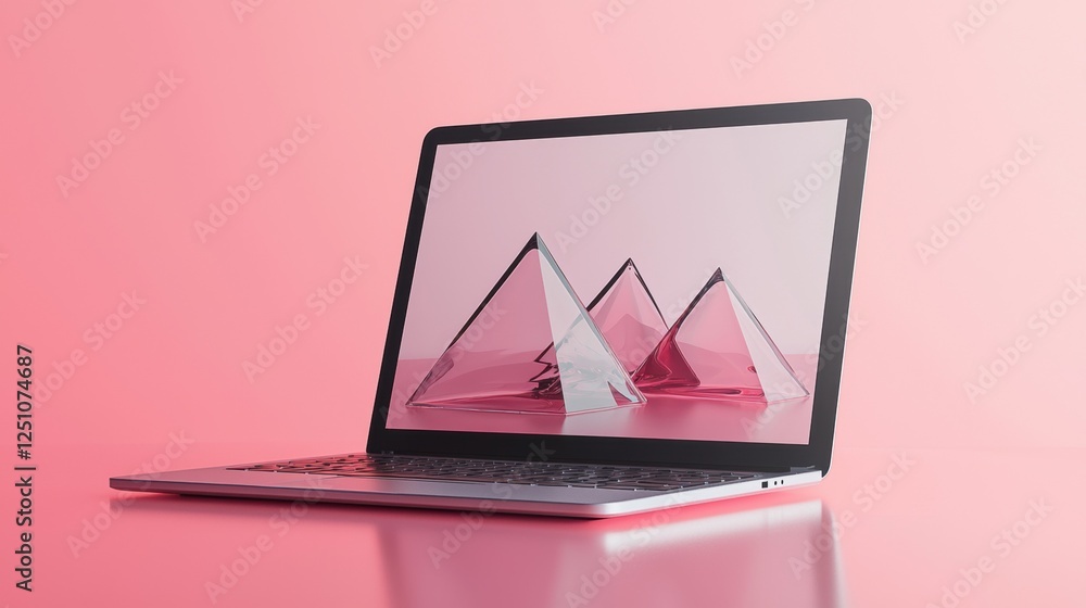 Poster laptop computer with a pink background. the laptop is placed on a reflective surface and is facing t
