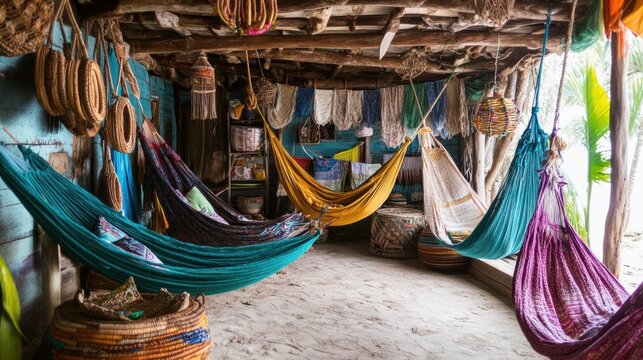 A rustic hammock store with a variety of colorful hammocks and baskets.