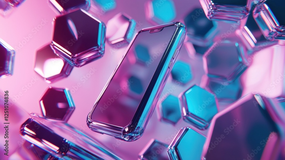 Poster smartphone in the center of a group of hexagonal shapes. the phone is transparent and appears to be 