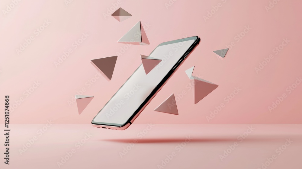 Poster smartphone with a white screen flying through the air. the background is a soft pink color and there