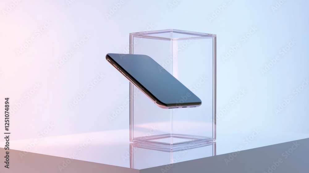 Poster smartphone resting on top of a transparent cube. the cube is placed on a white surface with a light 