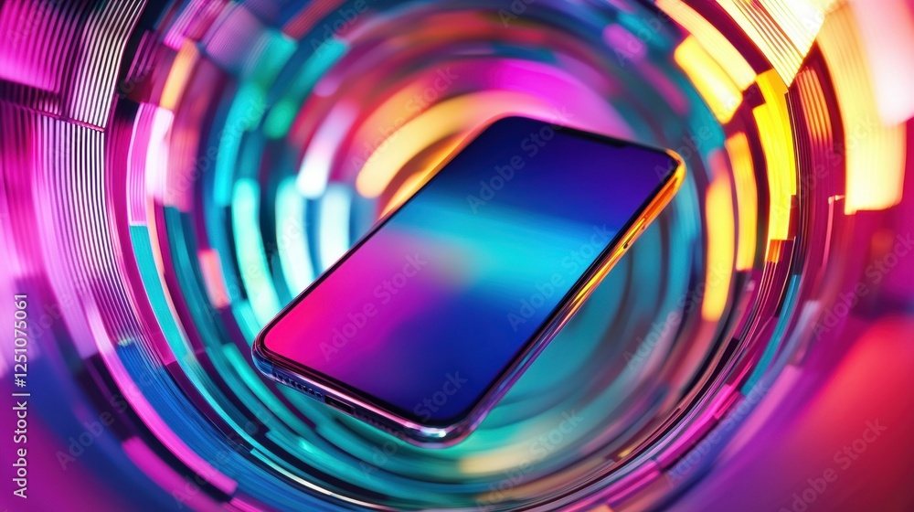 Poster digital illustration of a smartphone in the center of a circular vortex. the phone is in the foregro