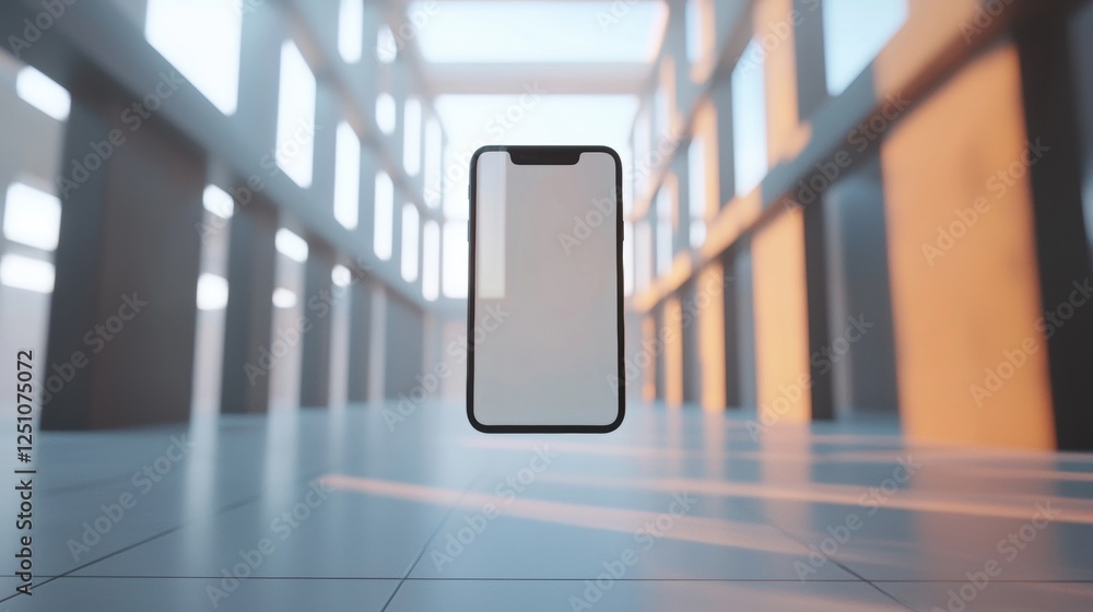 Poster smartphone with a blank screen in the middle of a long corridor. the corridor has a modern design wi