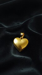 Minimalistic gold heart-shaped pendant on a sleek black velvet background, a luxurious Valentinea??s gift.