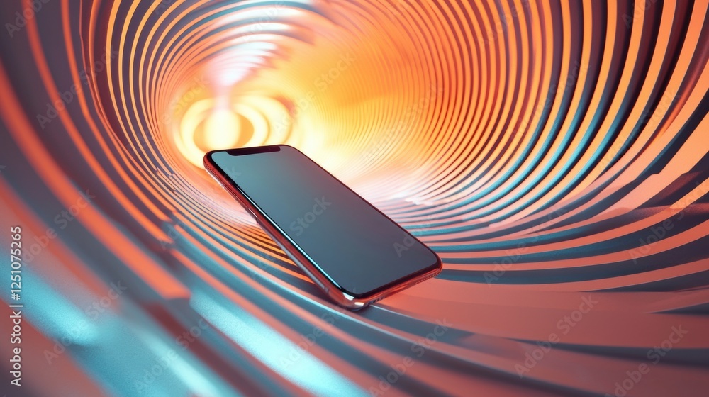 Poster smartphone lying on its side in the center of a tunnel. the tunnel appears to be made up of multiple