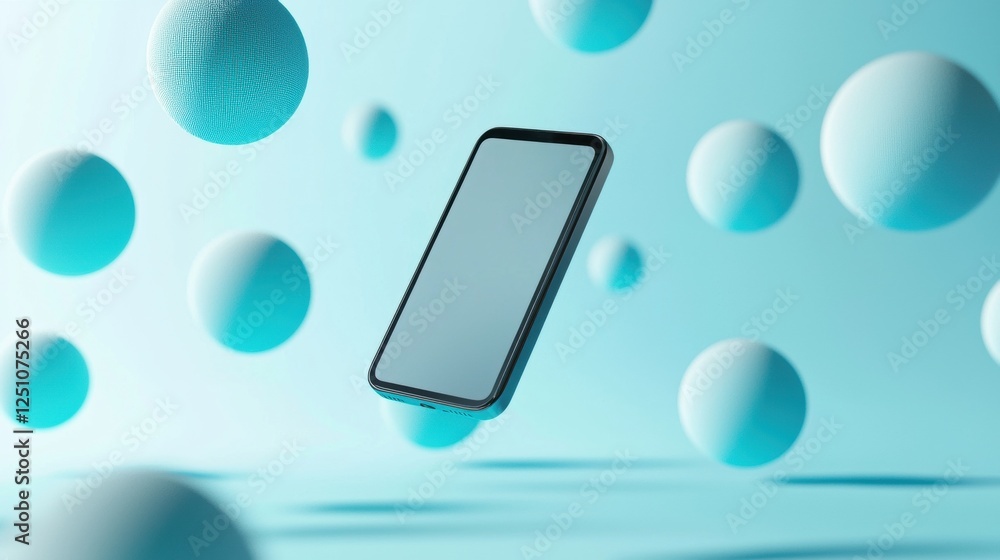 Poster black smartphone with a blank screen in the center, floating in the air. the background is a light b