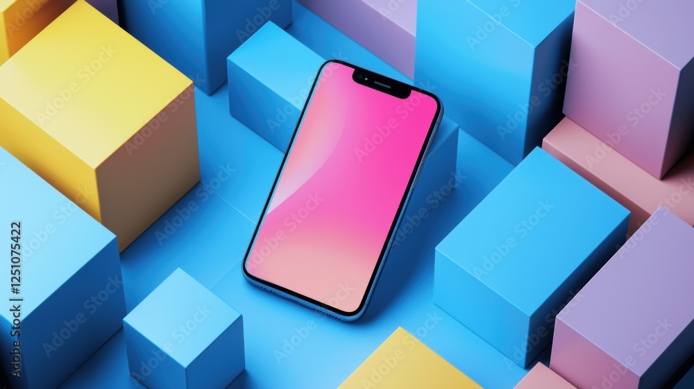 Poster smartphone with a pink screen lying on top of a pile of colorful cubes. the cubes are of different s