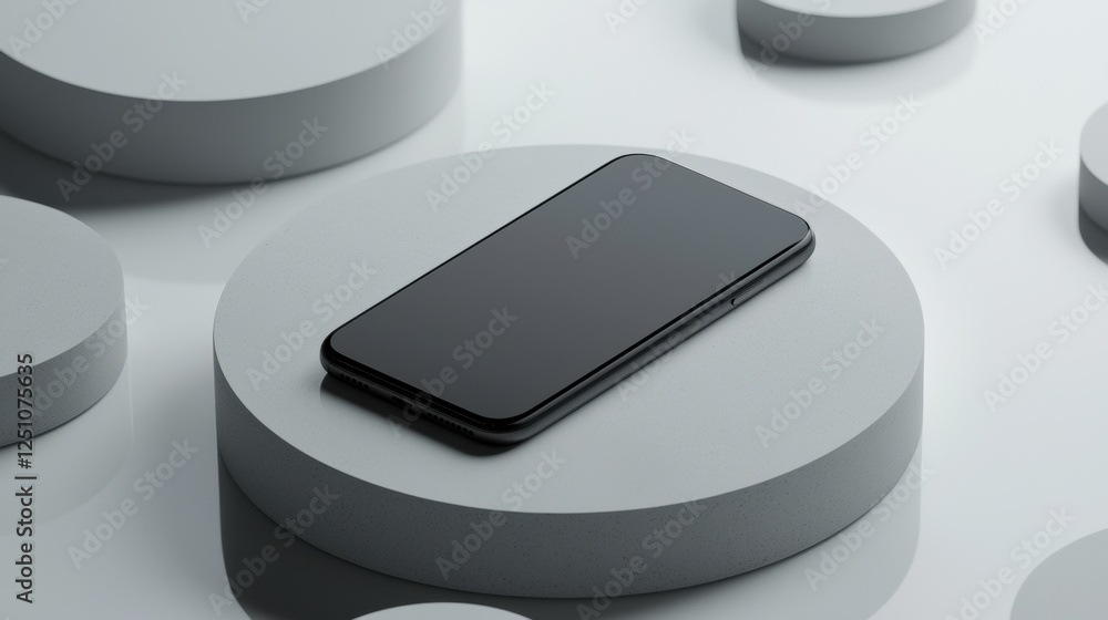 Poster black smartphone lying on top of a grey circular platform. the platform is placed on a white surface