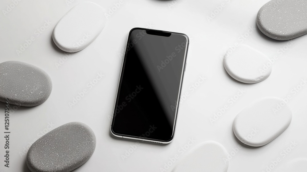 Poster black smartphone with a blank screen lying on a white surface. surrounding the phone are several sma