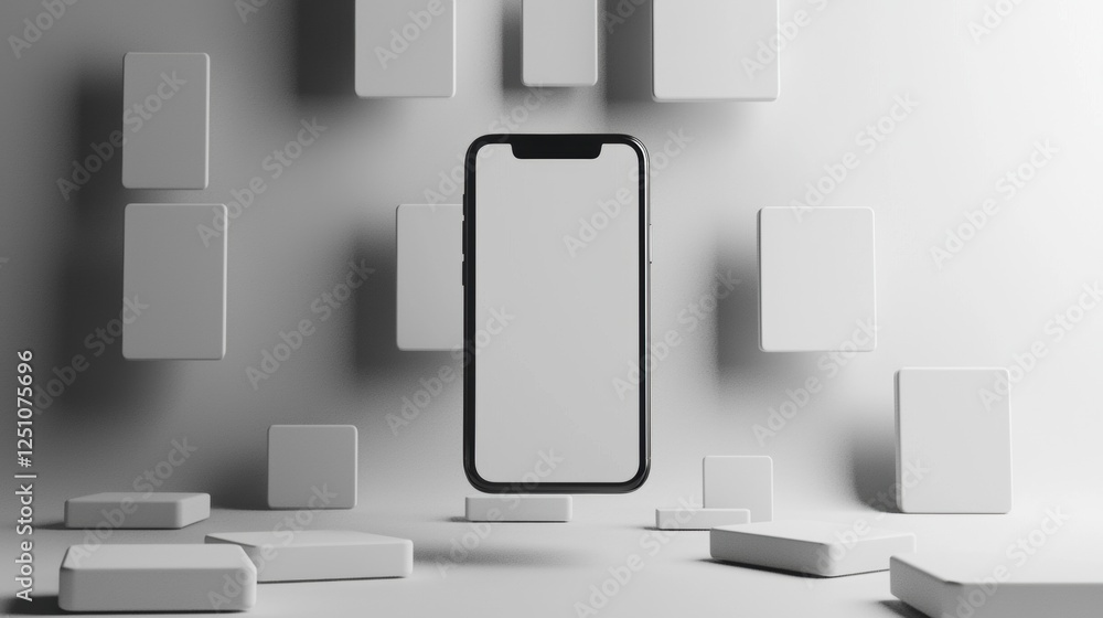 Poster black smartphone with a blank screen in the center. the phone is surrounded by multiple white cubes 
