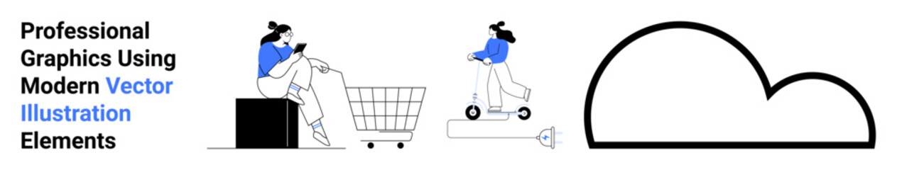 Woman online shopping on phone, girl riding a scooter, shopping cart, and cloud. Ideal for e-commerce, mobility, cloud tech, digital lifestyle, urban living innovation flat landing page banner
