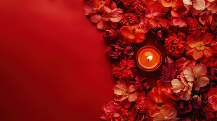 Red flowers, lit candle, red background, romantic setting, greeting card