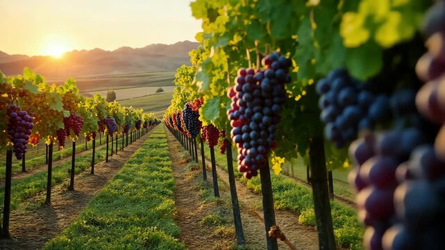 Vibrant vineyard at sunset with ripe grapes hanging on the vines