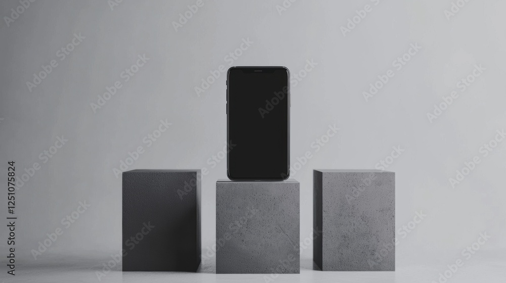 Poster black smartphone standing on top of three gray concrete blocks. the phone is positioned in the cente