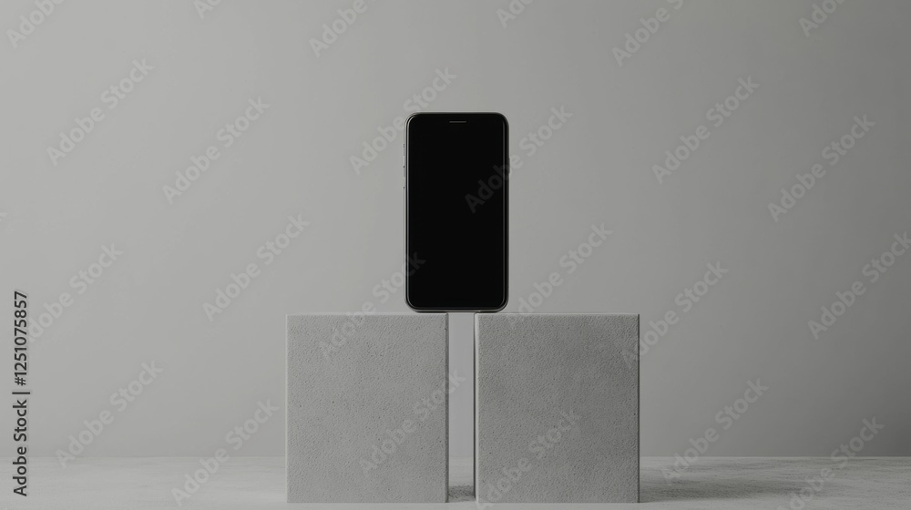 Poster black smartphone standing on top of two grey concrete blocks. the phone is positioned in the center 