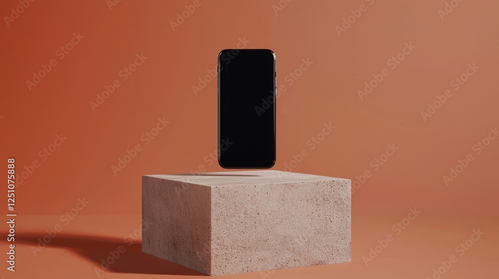 Poster smartphone resting on top of a square-shaped concrete block. the phone is black in color and appears