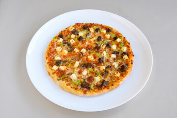 Traditional Turkish cuisine. Pizza, pita, pidesi, sucuk, hummus, kebab. Many dishes on the table. Serving dishes in restaurant. Mix, formaggi, veggie pizza. Top view, flat lay