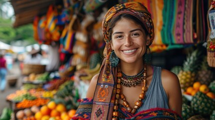 Fototapeta premium Travelers exploring bustling local markets filled with vibrant textiles, exotic fruits, and handmade crafts, interacting with smiling vendors and experiencing authentic cultural exchanges 