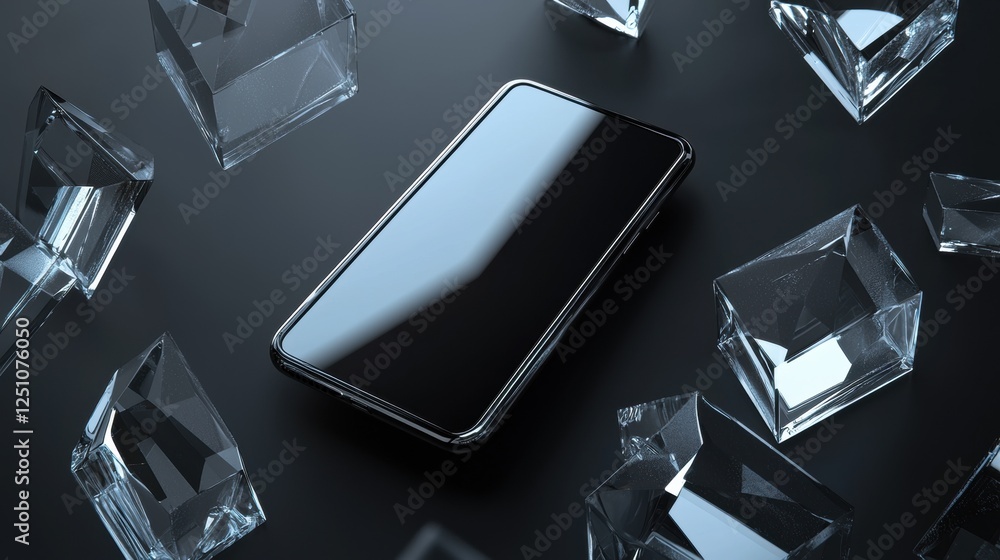 Poster black smartphone lying on its side on a black surface. the phone is in the center of the image, with