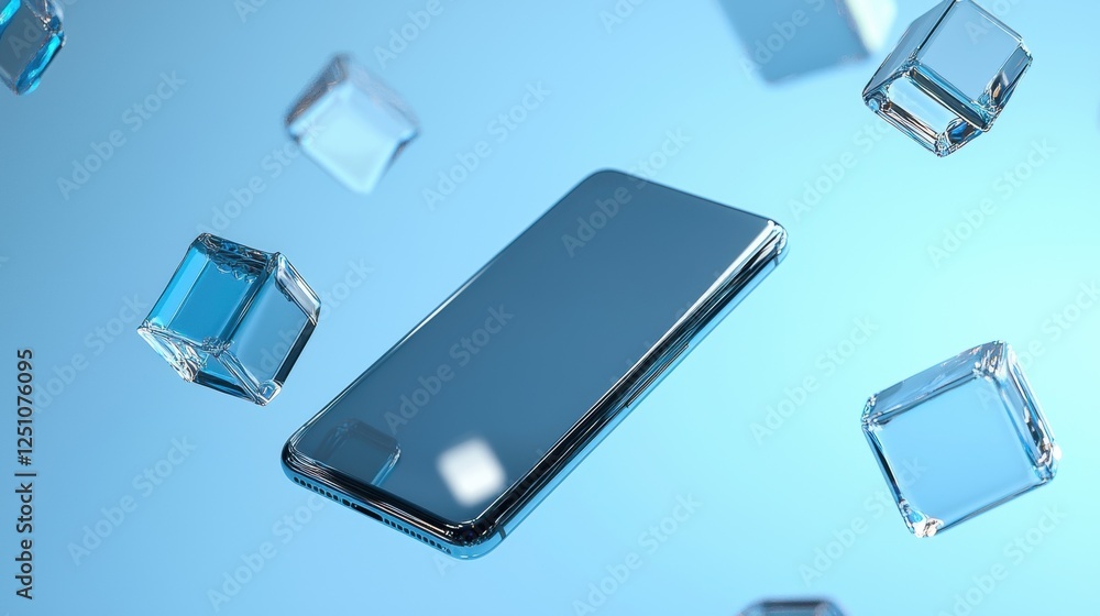 Poster smartphone in the center of a light blue background. the phone is in the middle of the image, with i