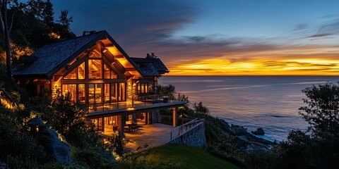 Fototapeta premium Luxury Coastal Log Cabin at Sunset