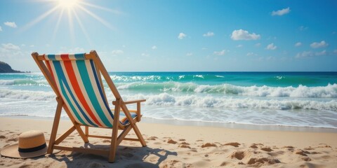 Relaxing Beach Scene with Striped Deck Chair and Sun Hat on Sandy Shore Overlooking Turquoise Ocean Waves Under a Bright Blue Sky