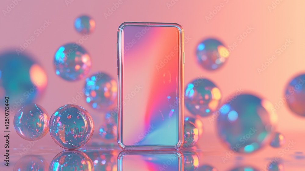 Poster digital illustration of a smartphone with a pink and blue gradient background. the phone is in the c