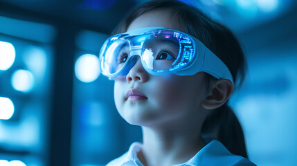 Child explores virtual reality with smart glasses. Immersive experience in a cool blue setting, inspiring curiosity and technological advancement.