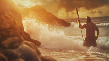 A man is walking on the shore with a spear, waves are crashing behind him. Use for travel or leisure related content