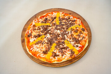 Traditional Turkish cuisine. Pizza, pita, pidesi, sucuk, hummus, kebab. Many dishes on the table. Serving dishes in restaurant. Mix, formaggi, veggie pizza. Top view, flat lay