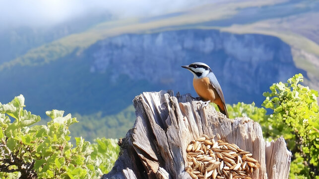 A rufous-naped nuthatch on a stump in the mountains, seeds piled. Nature photo, birdwatching, outdoor recreation content