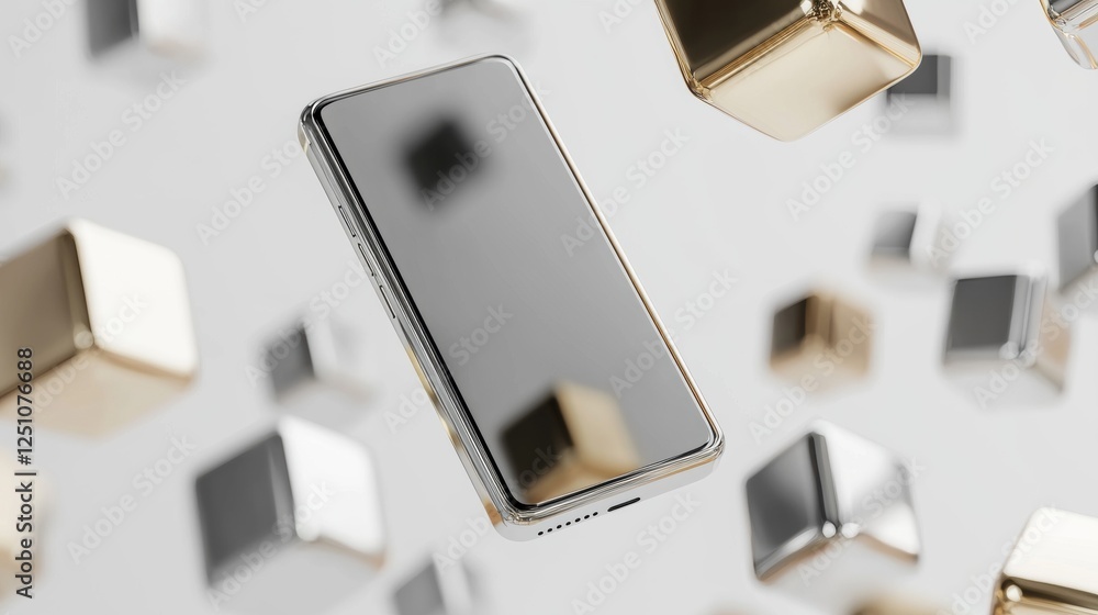 Poster smartphone in the center of the frame, with its screen facing towards the right side of the image. t