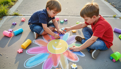 Kids joyfully drawing with chalk on pavement in urban setting, creativity