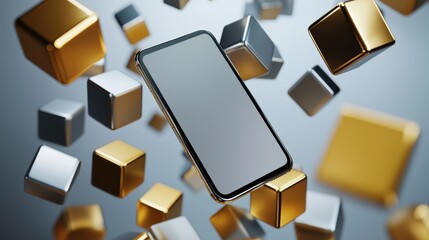 Smartphone with a blank screen flying through the air. the phone is black and appears to be in mid-air, with the screen facing towards the right side of the image.