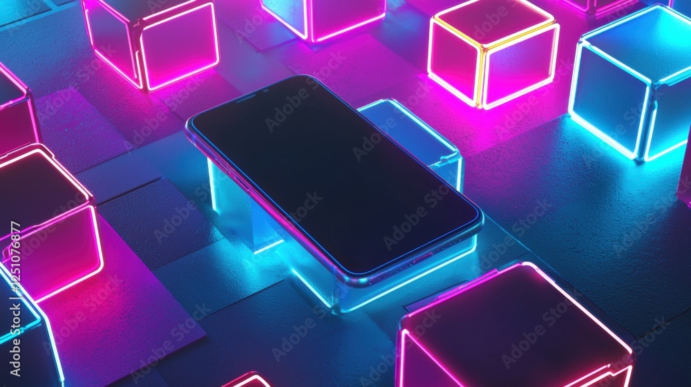 Aufkleber smartphone lying on top of a pile of colorful neon cubes. the cubes are arranged in a grid-like patt