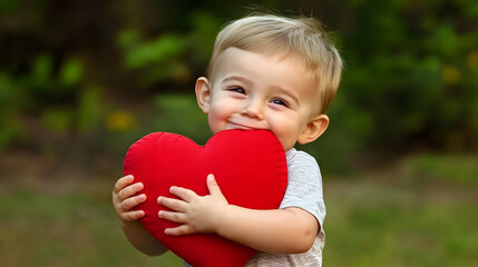 Adorable boy hugs red heart outdoors, surrounded by greenery. A conceptual shot symbolizing love, affection for family and health concepts