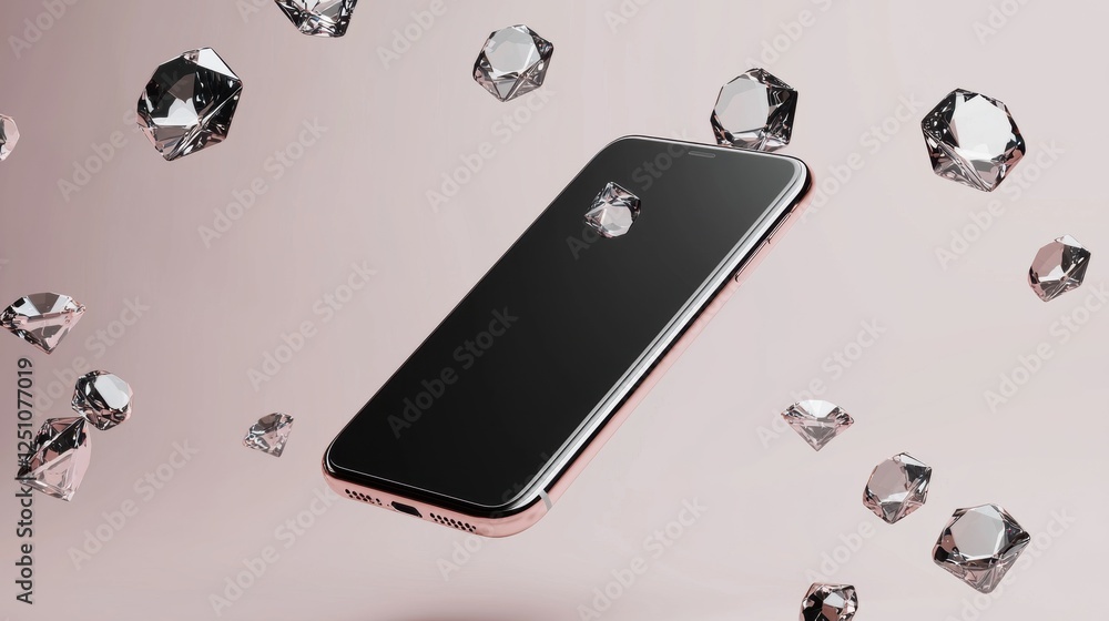 Poster black smartphone with a rose gold frame and a black screen. the phone is in the center of the image 