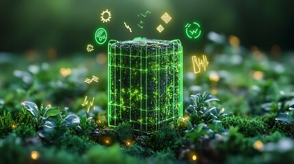 Electrified green energy storage concept with power symbols surrounding the battery
