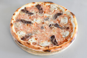 Traditional Turkish cuisine. Pizza, pita, pidesi, sucuk, hummus, kebab. Many dishes on the table. Serving dishes in restaurant. Mix, formaggi, veggie pizza. Top view, flat lay