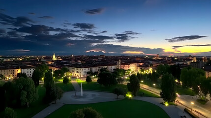 Fototapeta premium Aerial view of dusk scenery in a city park, with lights illuminating trees and pathways, evoking a sense of tranquility, ideal for tourism ads