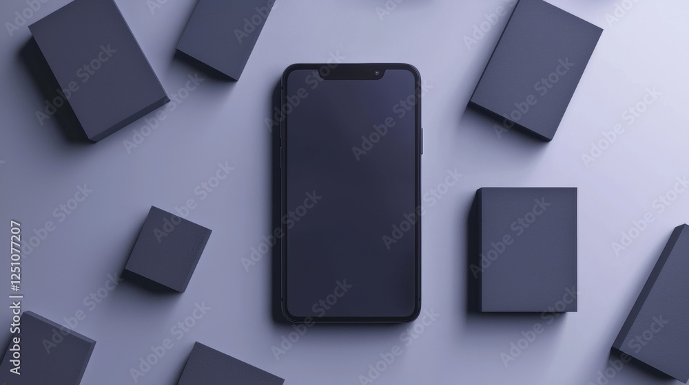 Poster black smartphone lying on a light purple background. the phone is in the center of the image and is 