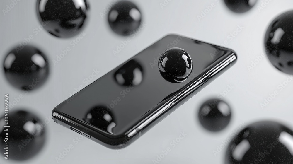 Poster black smartphone with a triple camera setup on the back. the phone is in the center of the image and