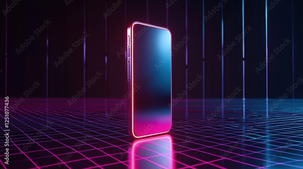 Poster smartphone in the center of a dark room with a grid-like pattern. the phone is positioned in the mid