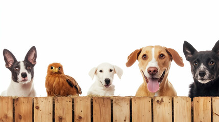 Assorted animals peek over wooden fence on white background for adoption campaigns and pet store ads