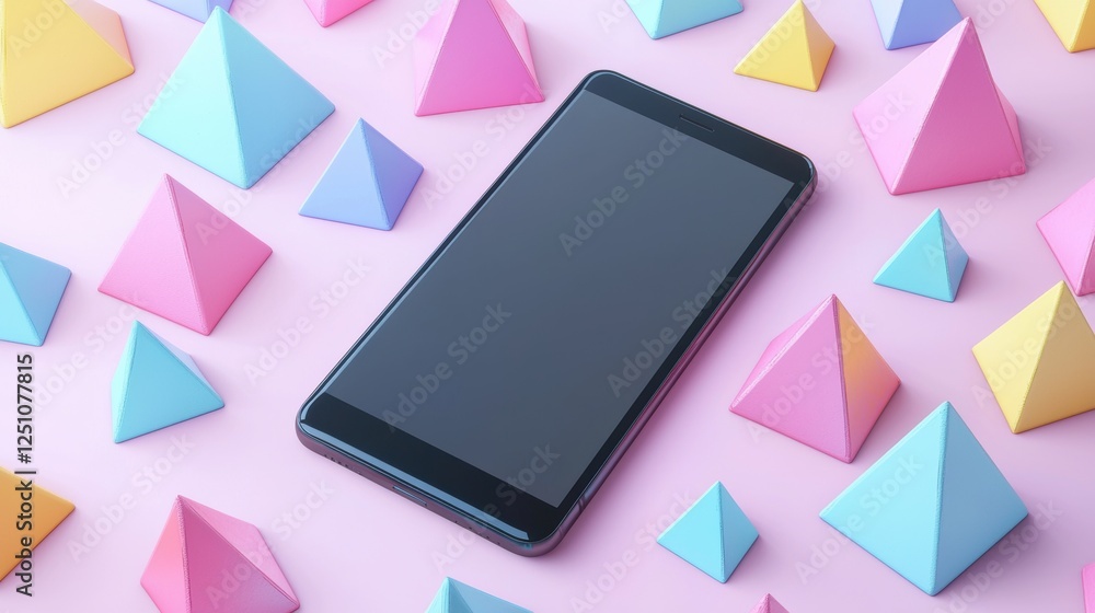 Poster black smartphone lying on a pink background with multiple colorful triangles scattered around it. th