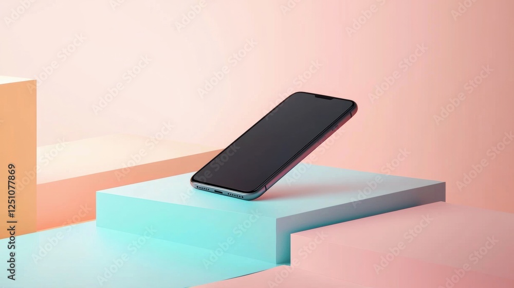 Poster black smartphone resting on a blue and pink geometric platform. the platform is placed on a pink and
