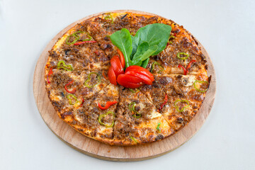 Traditional Turkish cuisine. Pizza, pita, pidesi, sucuk, hummus, kebab. Many dishes on the table. Serving dishes in restaurant. Mix, formaggi, veggie pizza. Top view, flat lay